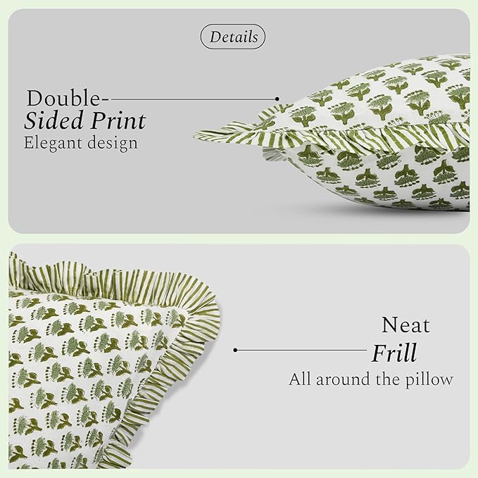 CPC Emerald Green 100% Cotton Block Print Ruffle Pillow Cover 20X30 inch Pack of 2, Handmade Boho Floral Pillowcase,Soft Decorative Queen Bed Pillow Cover for Bedroom Décor
