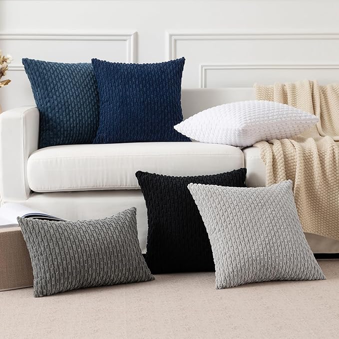 Kevin Textile 12x20 Inch Pillow Cover 1 Pack Boho Decorative Soft Striped Corduroy Lumbar Farmhouse Color Accent Rectangle Cushion Case for Living Room Couch Sofa Bed, Navy Blue
