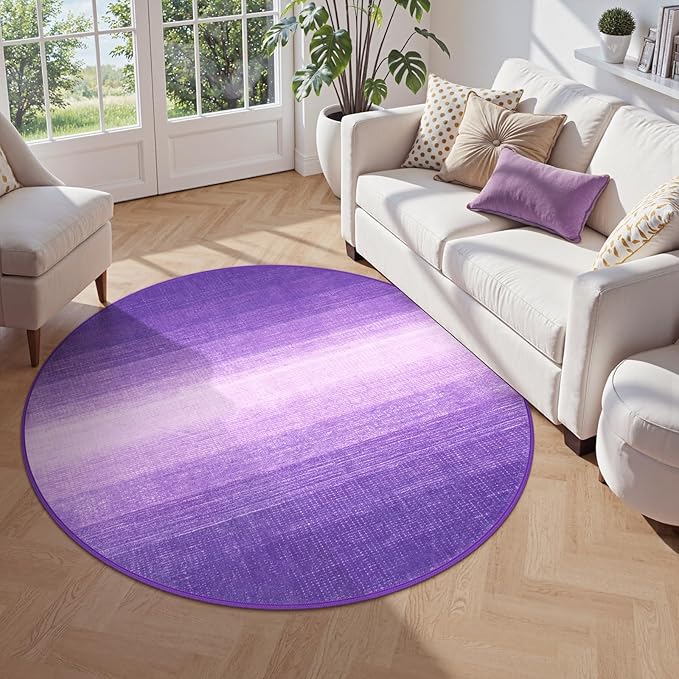 Wonnitar Modern Ombre Washable Round Rugs 5ft, Purple Round Living Room Rug, Soft Circle Bedroom Area Rug, Contemporary Low Pile Large Throw Carpet for Nursery Dining Room (Purple, Round 5ft)