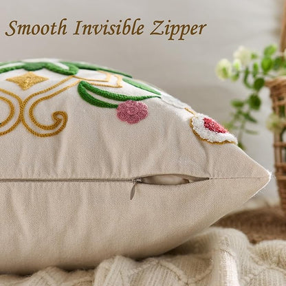 Embroidered Throw Pillow Cover 18x18 Christmas Boho Floral Pattern Pillows Cover Outdoor Decorative Pillowcase,Durable Cozy Textured Cushion Case for Sofa Couch Bed Living Room,Green Yellow