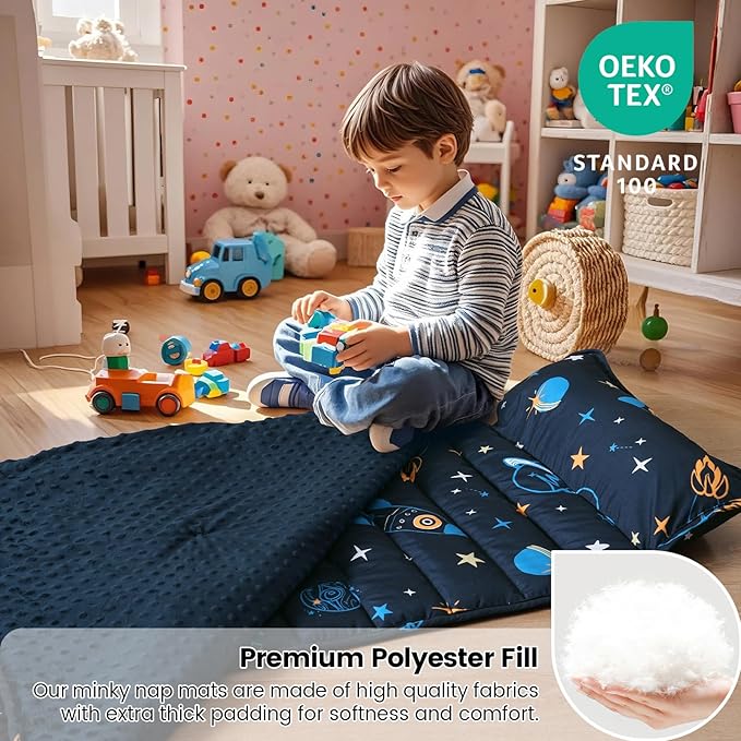 david's kids Minky Toddler Nap Mat with Removable Pillow and Minky Fleece Blanket, Soft Slumber Bags for Boys, Perfect for Preschool, Daycare, Kids Sleeping Bags with Rollup Design, 50"x20", Space