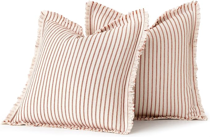 MIULEE Pack of 2 Rust Pillow Covers 22x22 Inch Striped Farmhouse Couch Throw Pillow Covers with Fringe Chic Linen Decorative Cushion Covers for Sofa Living Room Bed Outdoor Home Decor