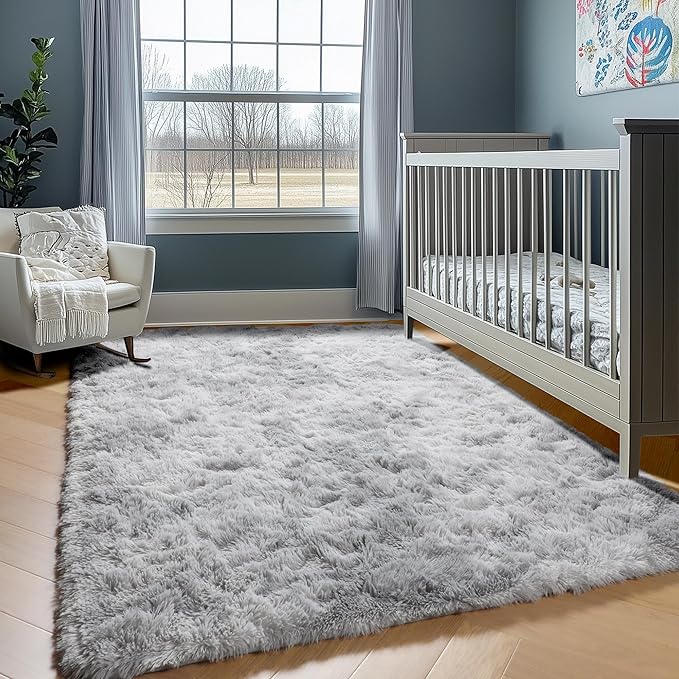 ONASAR Area Rugs for Bedroom Living Room, 4x6 Tie-Dyed Light Grey Fluffy Shaggy Bedside Throw Rug, Washable Indoor Soft Plush Floor Carpet for Nursery Kids Girls Boys Teen Dorm Home Office Decor
