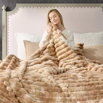 Cozy Bliss Faux Fur Throw Blanket for Couch, Cozy Warm Plush Striped Blanket for Sofa Bedroom Living Room, 108 * 90 Inches Tie-dye Khaki