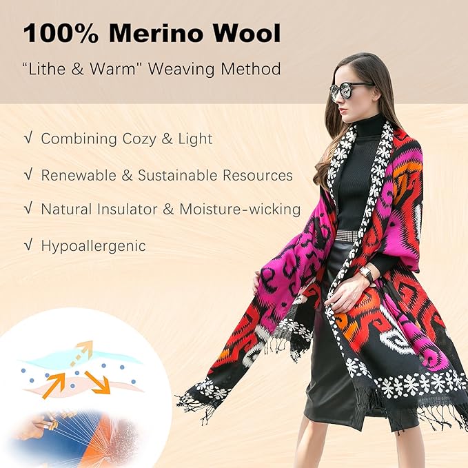 DANA XU 100% Merino Wool Extra Large Pashmina Blanket Travel Scarf Cashmere Wrap for Women Fall Winter Oversize Shawl Floral