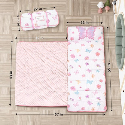 Primlect Thickened Toddler Nap Mat with Removable Pillow and Minky Blanket, Extra Large 55''x35'' Sleeping Bag, Washable, Roll up, Perfect for Daycare, Preschool, Kindergarten, Girls Butterfly