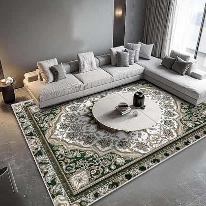 8x10 Traditional Oriental Area Rug White Dark Green Rug Non Slip Low Pile Large Carpet for Home Kitchen Living Room Bedroom Dining Room Office