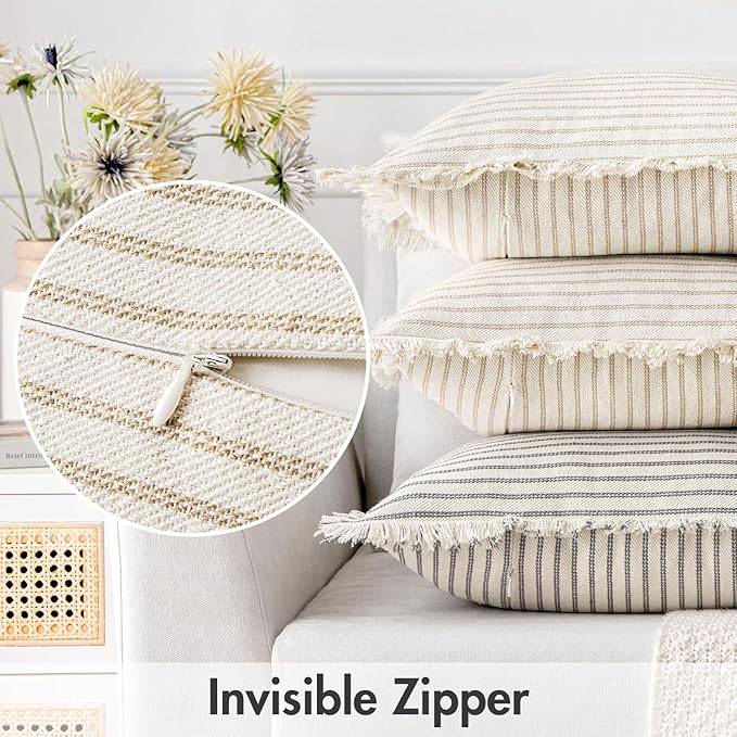 MIULEE Pack of 2 Khaki Pillow Covers 26x26 Inch Striped Farmhouse Couch Throw Pillow Covers with Fringe Chic Linen Decorative Cushion Eruo Sham for Sofa Living Room Bed Outdoor Home Decor