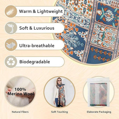 DANA XU 100% Merino Wool Pashmina Shawl for Women 96"x43", Oversized Cashmere Wrap with Tassels, Floral Travel Blanket Cape