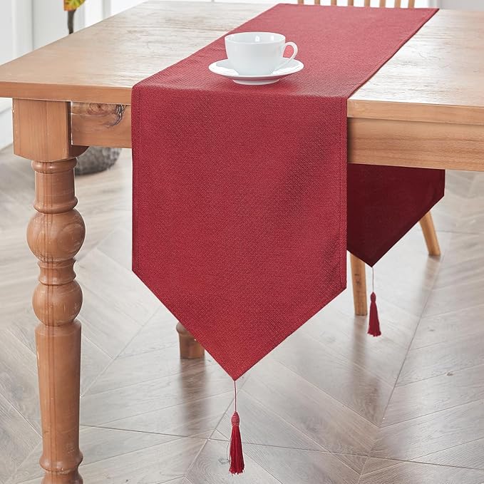 BALCONY & FALCON Table Runner with Tassels Rustic Farmhouse Jacquard Linen Style Water Resistant Washable Runner for Dining Kitchen Party Christmas Everyday Use 14 x 118 inch, Red