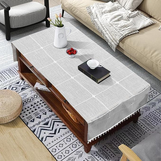 Coffee Table Cloth, Coffee Table Cover with Pockets and Tassel,Grey Grid for Living Room Small Rectangle Tablecloths Washer Dryer Fridge Top Dust Cover,Easy Care Machine Washable