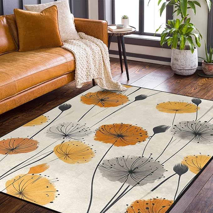 9CH Dandelion Flower Area Rug 7' X 5' Cream Yellow Bohemian Dandelion Carpet Soft Non-Slip Floor Mats for Bedroom Dining Room Nursery