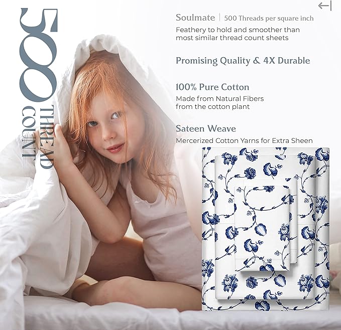 Mayfair Linen 100% Cotton Printed California King Cotton Sheets - 4 PC Cal King Size Bed Sheet Set Cotton (Floral Blue), Soft, Cooling, Sateen Weave 16" Deep Pocket Bedsheet (Fits 18" Mattress)