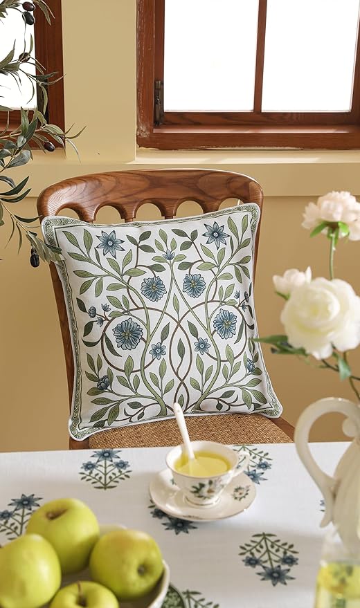 ISAENNE Design Fresh Linen Square Throw Pillow Covers 18"x18", French White Cottage Cushion Covers with Blue Floral Branches Pattern Decor Pillowcases for Bed,Living Room,Outdoor,Car