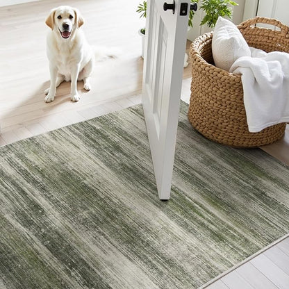 PADOOR Modern Abstract Runner Rug - 2.6x8 Washable Hallway Rugs, Ultra Soft Non-Slip Low Pile Floor Rugs for Hallway Entryway Kitchen Bedroom Bedside Laundry Room Green