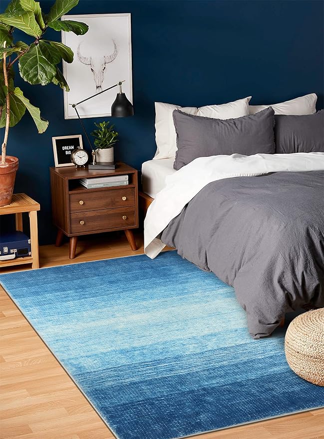 Wonnitar Modern Ombre Washable 5x7 Area Rugs, Large Blue Rug for Bedroom, Non-Shedding Living Room Throw Rug, Non-Slip Abstract Dining Room Floor Carpet for Bedside Kids Room (Blue, 5'x7')