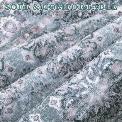 SERISSA Area Rug 4x6 Boho Rugs for Bedroom, Washable Non-Slip Living Room Rugs, Ultra Soft Print Distressed Low-Pile Throw Rug Blue Grey Carpet for Nursery Dorm Kitchen Living Room Decor