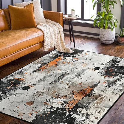 9CH Abstract Distressed Design Area Rug 7' X 5' Grey & Orange Boho Chic Faux Wool Rugs Soft Non-Slip Low Pile Floor Carpets for Bedroom Living Room Dining Room