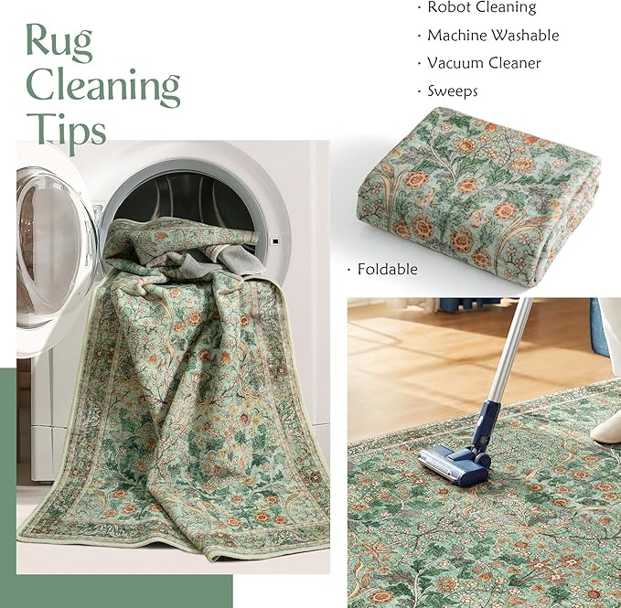 MUJOO 3x5 Green Rug Washable,Floral Area Rug for Bedroom Office Entryway Living Room Bedside,Small Throw Carpet Boho Non Slip Indoor Floor Botanical Vintage Ultra-Thin