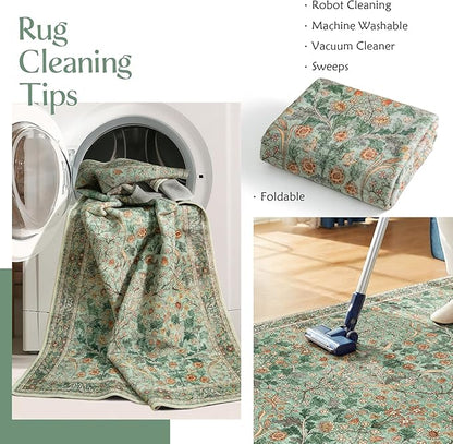 MUJOO Green 5x7 Area Rugs,Floral Washable Rug for Living Room Bedroom Office Dining Room,Large Throw Carpet,Boho Non Slip Indoor Floor Big Soft Botanical Vintage Ultra-Thin