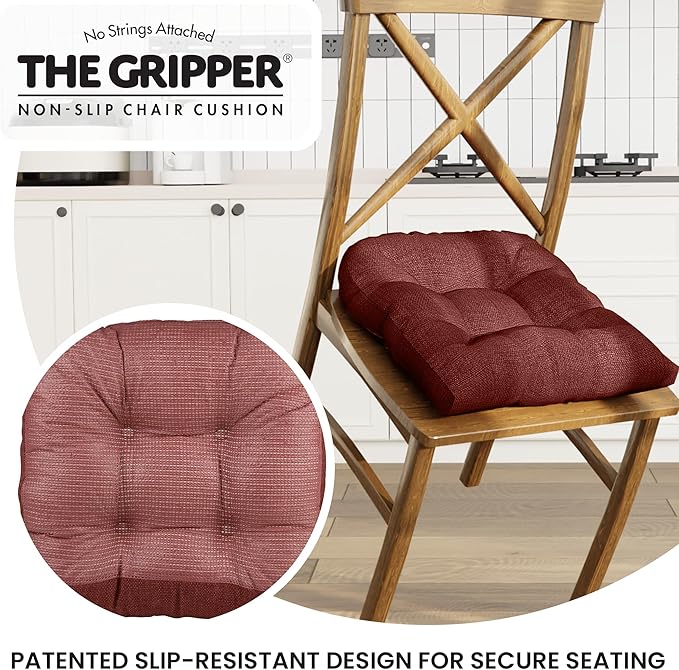 Klear Vu Gripper Overstuffed Universal Non-Slip Dining Chair Cushions for Kitchen Decor or Office Use, U-Shaped Skid-Proof Seat Pad, 17x17 Inches, 2 Count (Pack of 1), Solid Flame