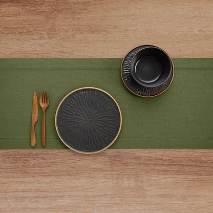Solino Home Linen Olive Table Runner 132 Inches Long - 100% Pure Linen Extra Long Table Runner 14 x 132 Inch for Christmas, New Year - Classic Hemstitch