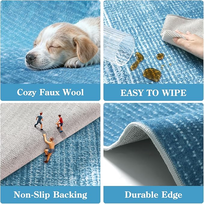 Wonnitar Modern Ombre Washable 5x7 Area Rugs, Large Blue Rug for Bedroom, Non-Shedding Living Room Throw Rug, Non-Slip Abstract Dining Room Floor Carpet for Bedside Kids Room (Blue, 5'x7')