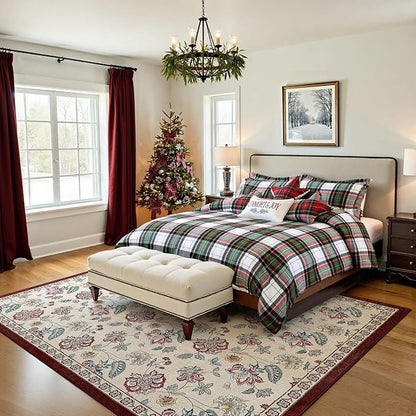 jinchan Elora 8x10 Floral Rug for Living Room Washable Bedroom Rug Vintage Romance Christmas Design Non Slip Thin Indoor Floor Cover Large Low-Profile Throw Carpet for Dining Room Office, Red/Beige