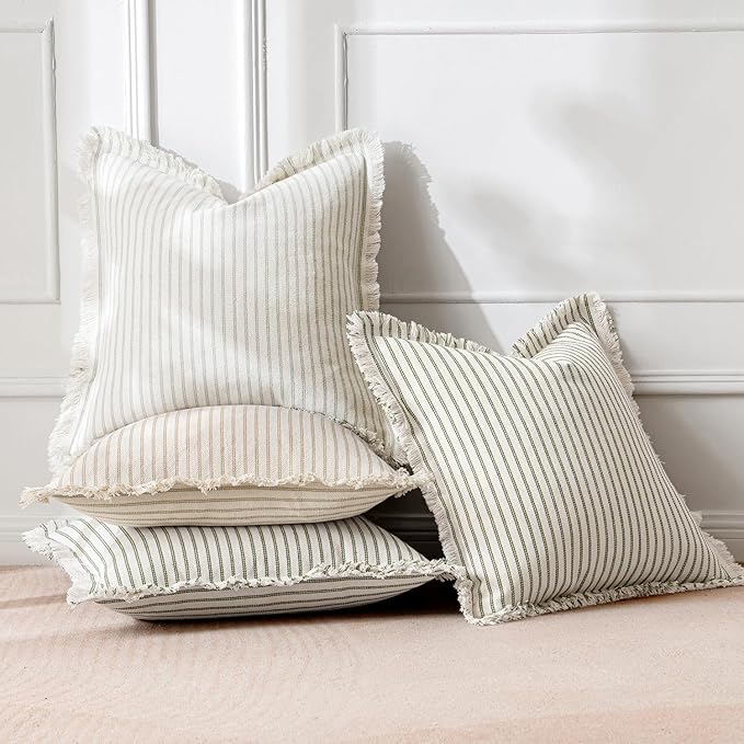 MIULEE Pack of 2 Olive Green Christmas Pillow Covers 22x22 Inch Striped Farmhouse Couch Throw Pillow Covers with Fringe Chic Linen Decorative Cushion Covers for Sofa Living Room Bed Outdoor Home Decor