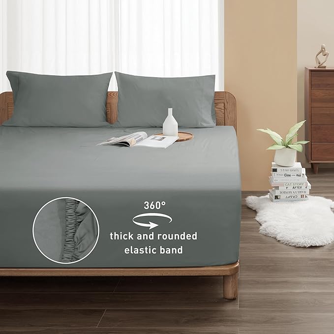 Sunflower Queen Fitted Sheet, 1-Piece Deep Pocket Fitted Bottom Sheet 16", 100% Cotton Sateen Soft Breathable, Ultimate Gray