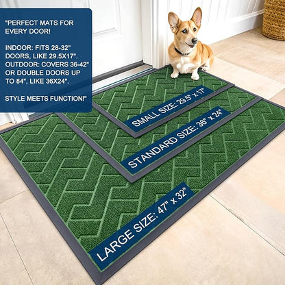 OLANLY Front Door Mat Indoor Outdoor Entrance, Waterproof All-Season, All-Weather Doormat, Sturdy Natural Rubber, Low Profile, Easy Clean Patio Porch Entryway Mat, Herringbone Brick (Green, 47x17)
