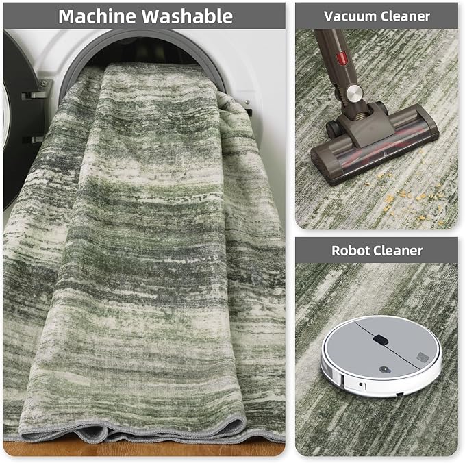 PADOOR Modern Abstract Area Rug - 3x5 Washable Rugs Non-Slip Small Carpet, Ultra Soft Low Pile Floor Rugs for Entrance Front Door Bedroom Bedside Laundry Room Green