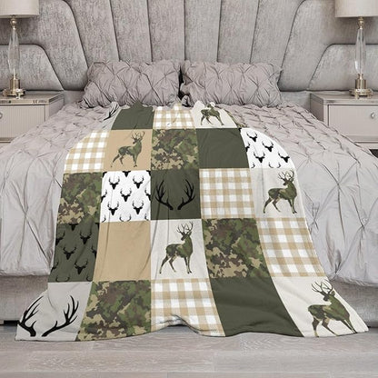 Camouflage Deer Blanket, Vintage Camo Green Beige Plaid Rustic Cabin Wildlife Hunting Blankets for Mens Room Bed Sofa, 30"x40"