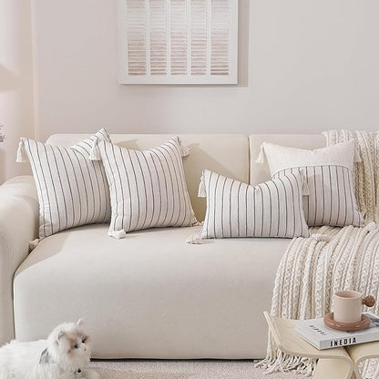 Boho Throw Pillow Covers 20x20 Inch Set of 2, Textured Linen Striped Square Pillow Covers with Tassels, Soft & Cozy Farmhouse Décor Pillow Cases for Sofa Couch Bed Living Room Thanksgiving, Green
