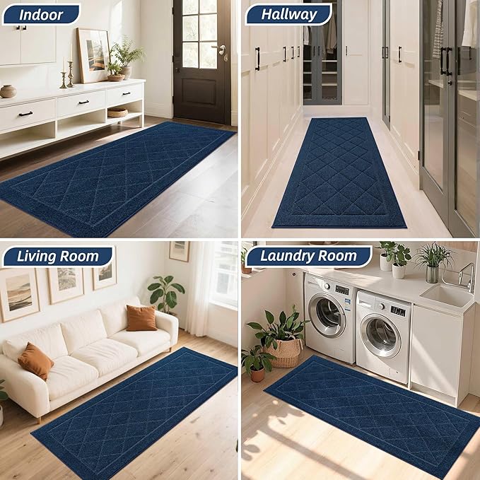 BEQHAUSE Dirt Trapper Door Mat 24" x 60", Doormat Non-Slip Entryway Rugs Washable, Dog Door Mat Stain Resistant and Absorbent Welcome Floor Mat for Front Back Door, Muddy Wet Shoes & Paws, Navy Blue
