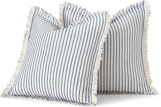 MIULEE Pack of 2 Royal Blue Pillow Covers 24x24 Inch Striped Farmhouse Couch Throw Pillow Covers with Fringe Chic Linen Decorative Cushion Eruo Sham for Sofa Living Room Bed Outdoor Home Decor