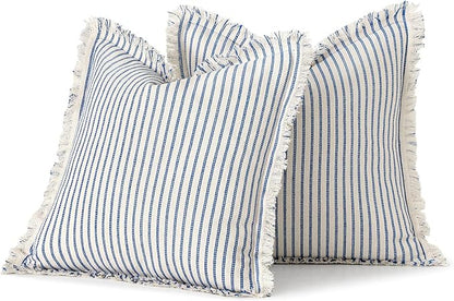 MIULEE Pack of 2 Royal Blue Pillow Covers 18x18 Inch Striped Farmhouse Couch Throw Pillow Covers with Fringe Chic Linen Decorative Cushion Covers for Sofa Living Room Bed Outdoor Home Decor