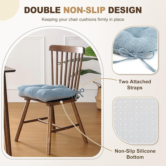 downluxe Indoor Chair Cushions for Dining Chairs, Tufted Overstuffed Textured Foam Kitchen Chair Pads with Ties and Non-Slip Backing, 15.5" x 15.5" x 4", Light Blue, 4 Pack