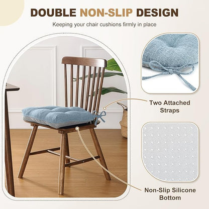 downluxe Indoor Chair Cushions for Dining Chairs, Tufted Overstuffed Textured Foam Kitchen Chair Pads with Ties and Non-Slip Backing, 15.5" x 15.5" x 4", Light Blue, 4 Pack
