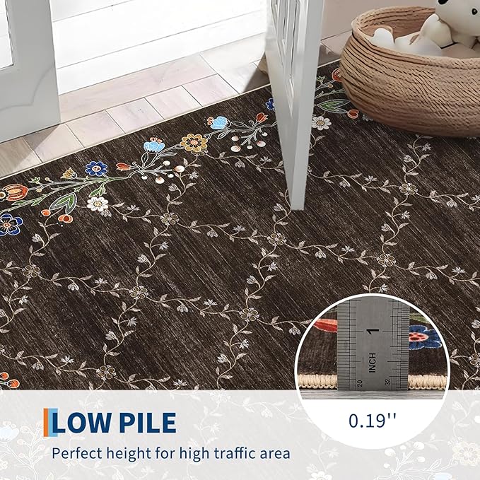 GarveeHome 10x13 Washable Floral Area Rugs for Living Room: Modern Floral Non Slip Large Area Rugs for Bedroom, Large Machine Washable Living Room Low Pile Carpet with Non-Slip Backing Brown 10'x13'.