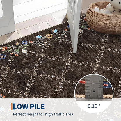 Garveehome 5x7 Washable Floral Area Rugs for Living Room: Modern Floral Non Slip Large Area Rugs for Bedroom, Large Machine Washable Living Room Low Pile Carpet with Non-Slip Backing Brown 5 ft x7 ft.