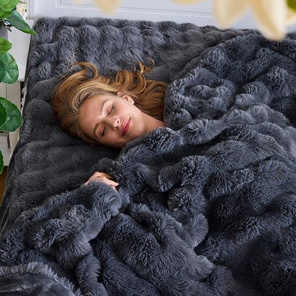 Lotus Karen Faux Fur Blanket Dark Gray Twin Size - Big Bubble Rabbit Fluff Throws for Couch Small Fluffy Fuzzy Cozy Thick Furry Plush Shaggy Blankets 60x80 Inches