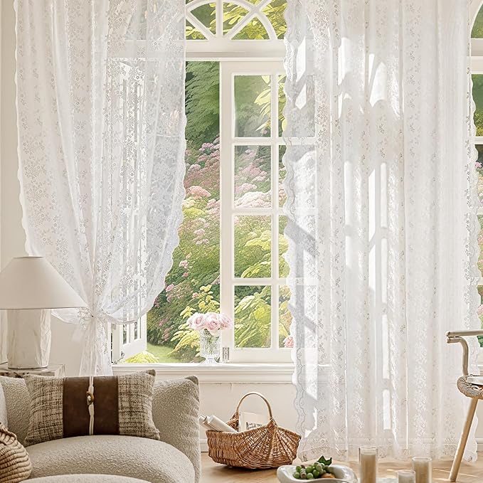 Anmao Vintage Lace Valance Kitchen Curtains 18 Inches Long 2 Panels, Semi Sheer Floral Over Sink Lacy Cafe Curtain, Elegant Window Short Small Drapes, 55W x 18L, White Plum