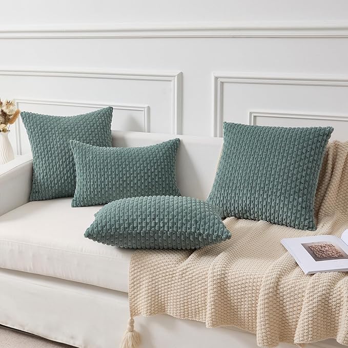 Kevin Textile 14x24 Inch Pillow Cover 1 Pack Boho Decorative Soft Striped Corduroy Lumbar Farmhouse Color Accent Rectangle Cushion Case for Living Room Couch Sofa Bed, Teal Green