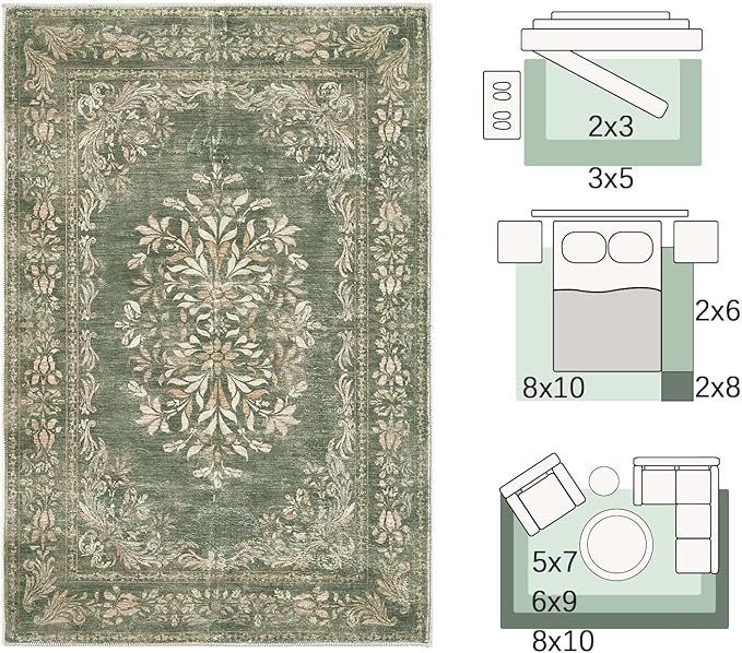 jinchan Green Floral 3x5 Area Rugs for Entryway - Machine Washable Vintage Distressed Design Low-Pile Soft Non-Shedding Christmas Carpet for Kitchen Bedroom Laundry Living Room (3x5ft, Dark Green)