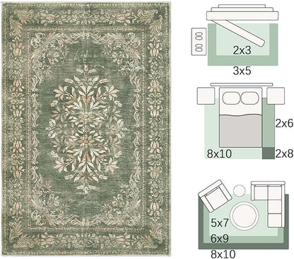 jinchan Floral 6x9 Green Area Rugs for Living Room - Machine Washable Vintage Distressed Design Soft Throw Rug Non-Slip Large Christmas Carpet for Bedroom Home Office Nursery (6x9ft, Dark Green)