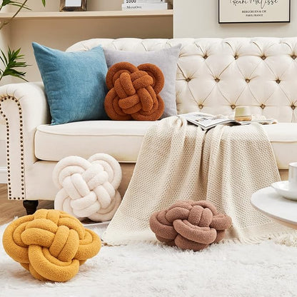Xiashrk Knot Pillow Ball, 12" Soft Decorative Throw Pillows for Couch Bed, Ivory White Knotted Plush Throw Pillow Handmade Square Cushion Home Couch Decor Pillows for Living Room