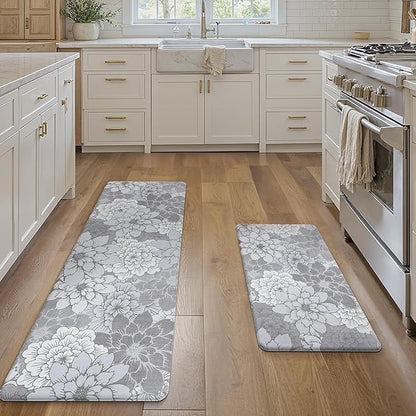 GENIMO Kitchen Mats for Floor, Kitchen Rugs Non Slip Washable Sets of 2, Waterproof Cushioned Anti Fatigue Mat, Floral Runner Rug for Laundry, Sink, Office, Home, 17.3"x59"+17.3"x30", Lavender Grey