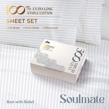 Mayfair Linen 100% Cotton Striped Sheets Twin Size Bed Set - 500 Thread Count Damask Sheets Twin Size 3 PC Set (White Stripe), Soft, Cooling, Sateen Weave Hotel-Quality 16" Deep Pocket Cotton Bedsheet