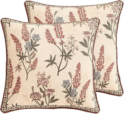 ISAENNE Design Linen Vintage Throw Pillow Covers 18"x18" Pack of 2, Square Cushion Covers with Blue Pink Flowers Green Leaves Pattern Decoration Pillowcases for Bed,Living Room,Outdoor,Car